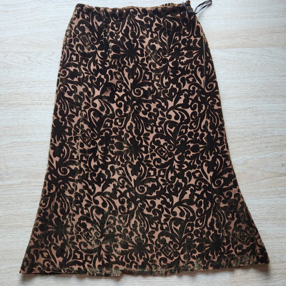 Wah Maker True West Burnout Velvet Midi A-Line Skirt Silk Blend Brown